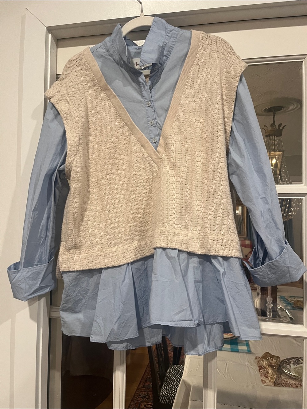 Light Blue Button-Down Shirt with Cream Knit Vest - by Anthropologie